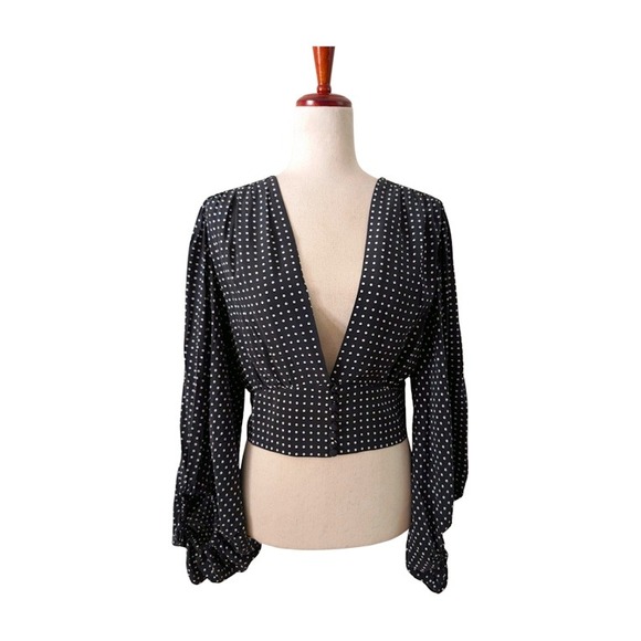 Equipment Tops - Equipment Femme Black White Polka Dot Silk Long Sleeve Plunging VNeck Crop Top M
